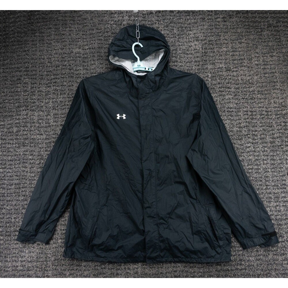 Under Armour Rain Jacket Mens 4XL Black Full Zip Hooded Snap Windbreaker Outdoor